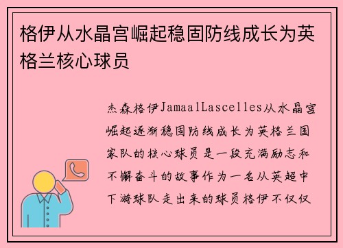格伊从水晶宫崛起稳固防线成长为英格兰核心球员
